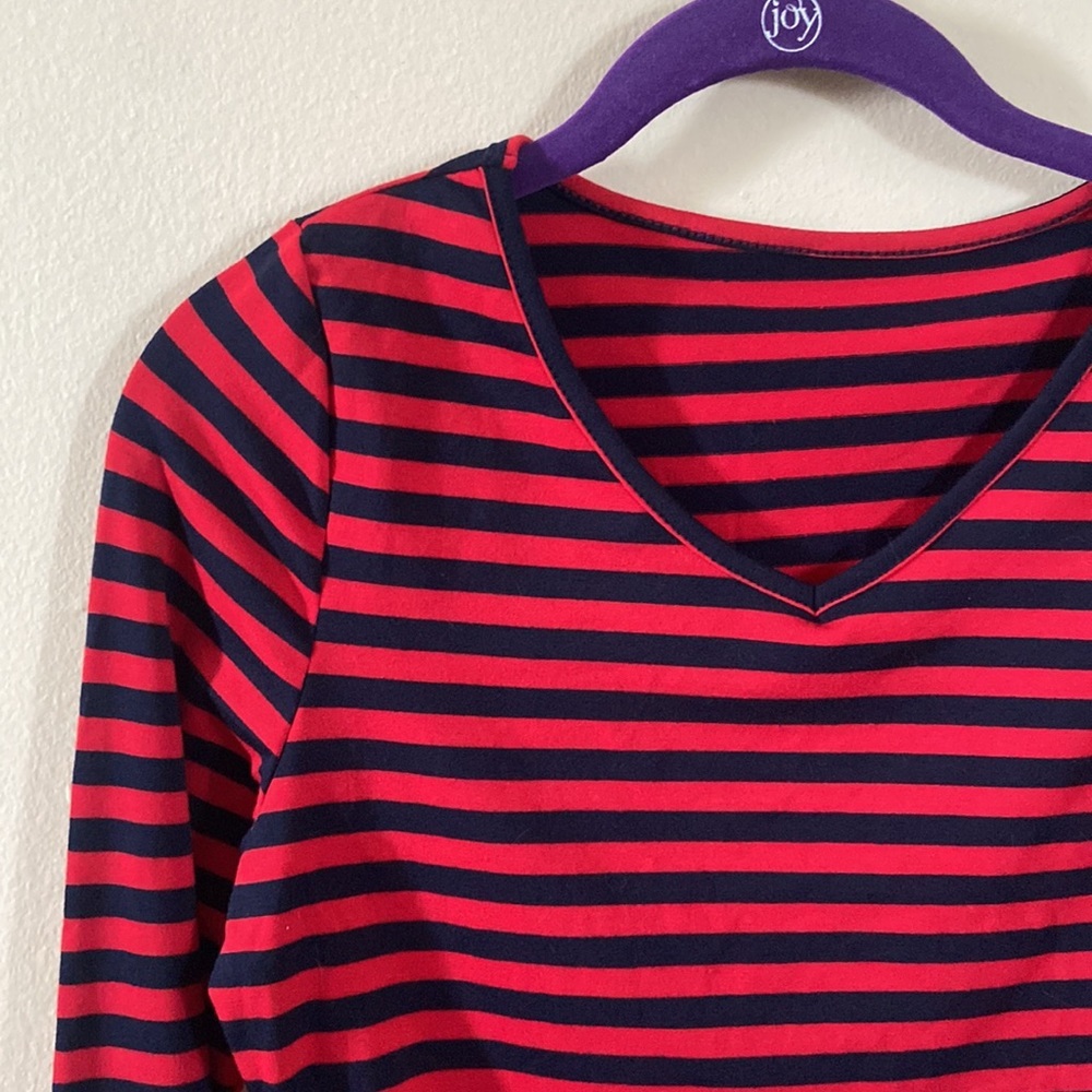 New Red &  Dark Blue Striped print Crop Top Long Sleeve Large Cute Preppy Fall - Picture 2 of 5
